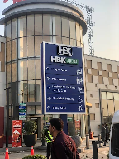 HBK Arena — Branded Wayfinding Pylon Direction Sign | Multi-Zone Visitor Navigation System